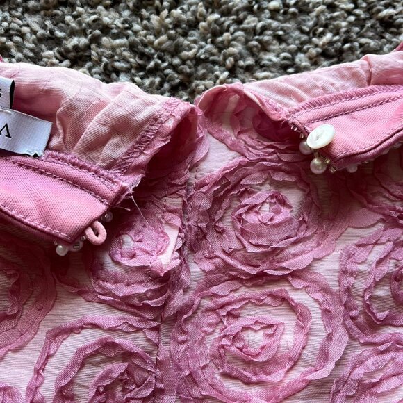 Voy Pink Blouse Wmn SM Beaded Collar Rose Pattern Balloon Sleeve Spring Dainty - Picture 5 of 5